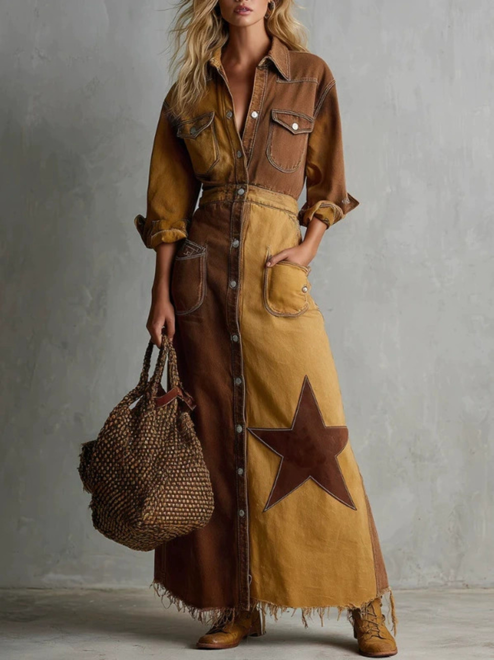 H&M   American Retro Contrast Color Block Denim Maxi Skirt